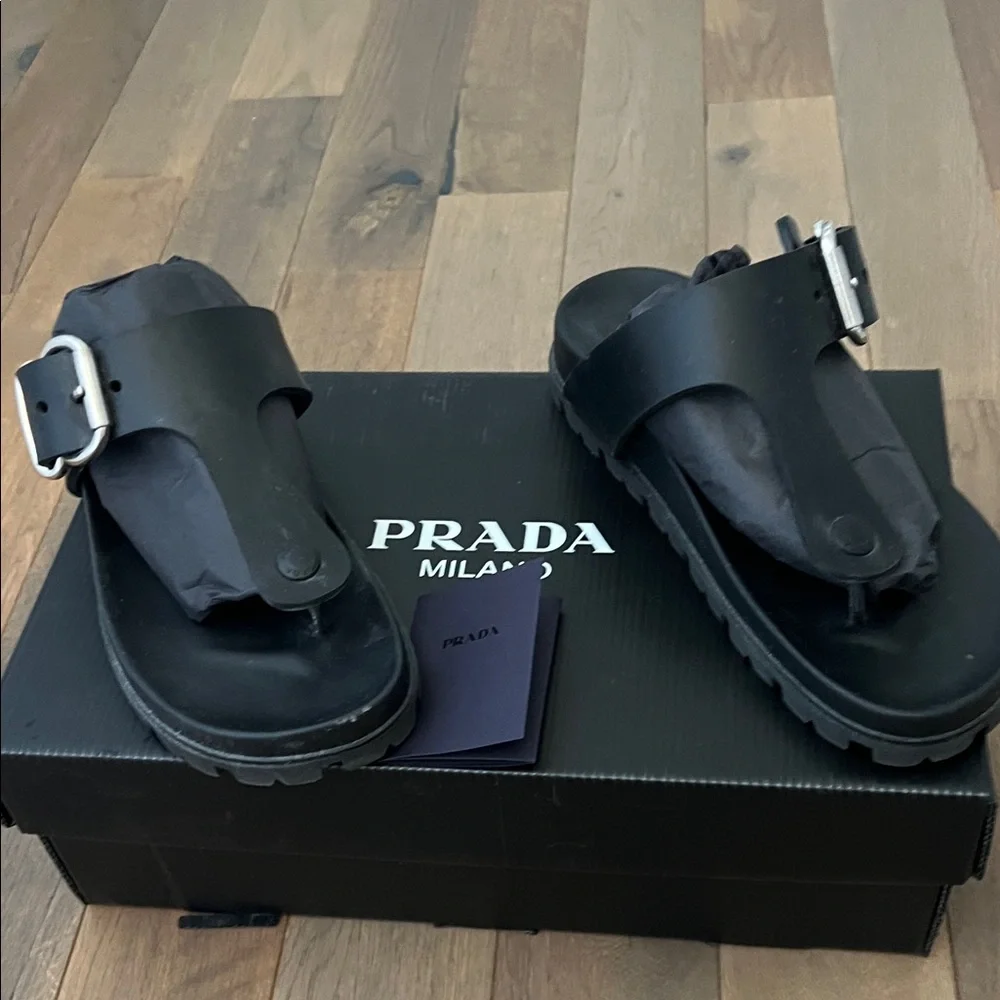 Prada Black Leather Thong Sandals with Silver Buckle